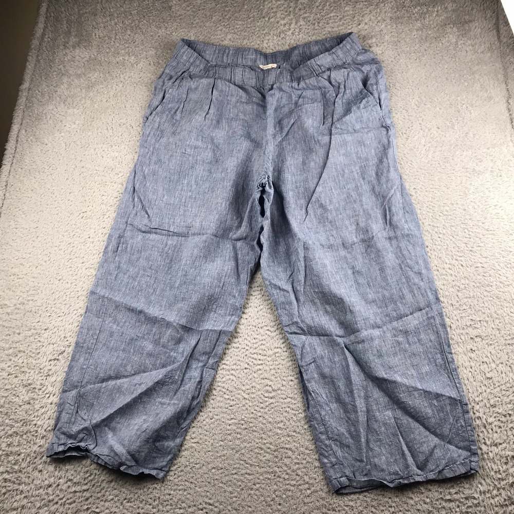 Eileen Fisher Pants Women XL (38x26) Blue Chambray Organic Linen Crop Wide Leg